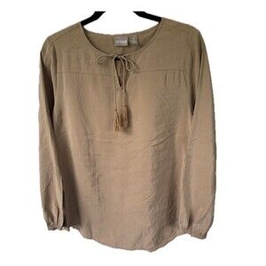 Chico Front Tassel Tie Solid Peasant Style Long Sleeve Elastic Wrist Blouse US 4